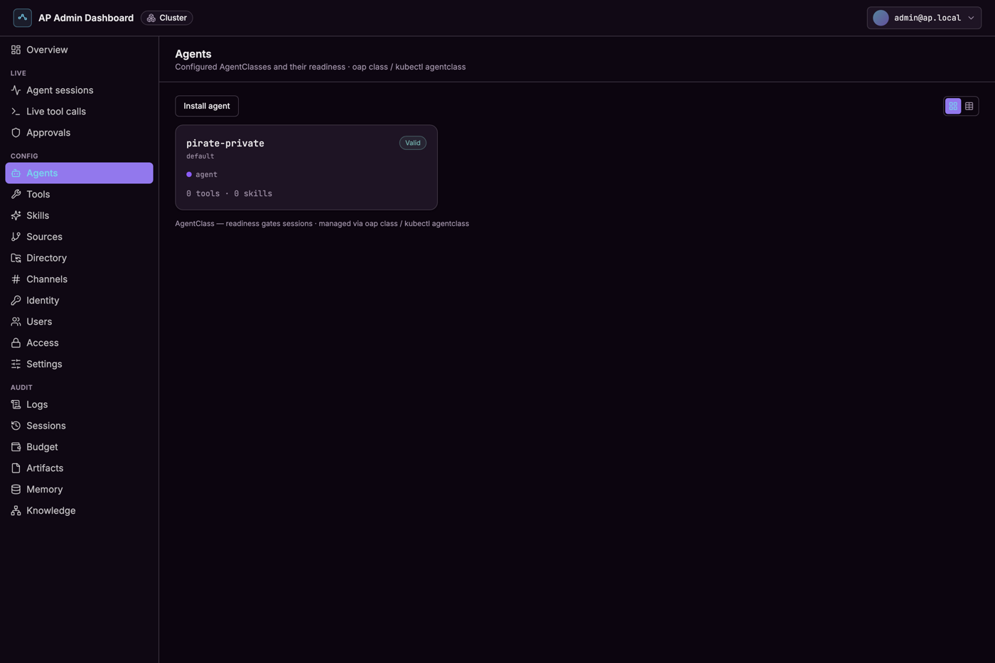 Config › Agents — every AgentClass and its readiness; installing an agent from here is a permissioned action too.