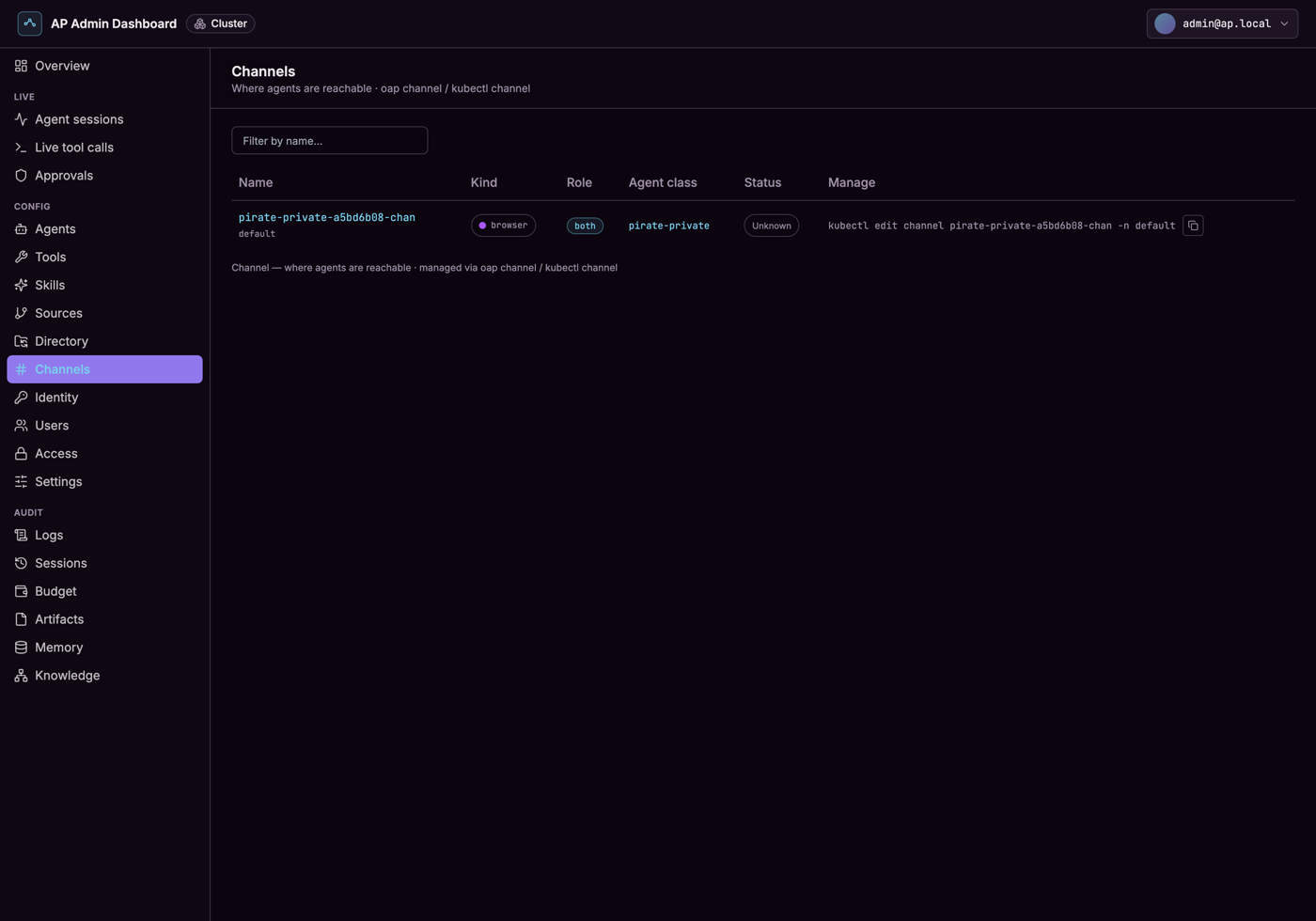 Channels — where agents are reachable, and each binding's connection status.