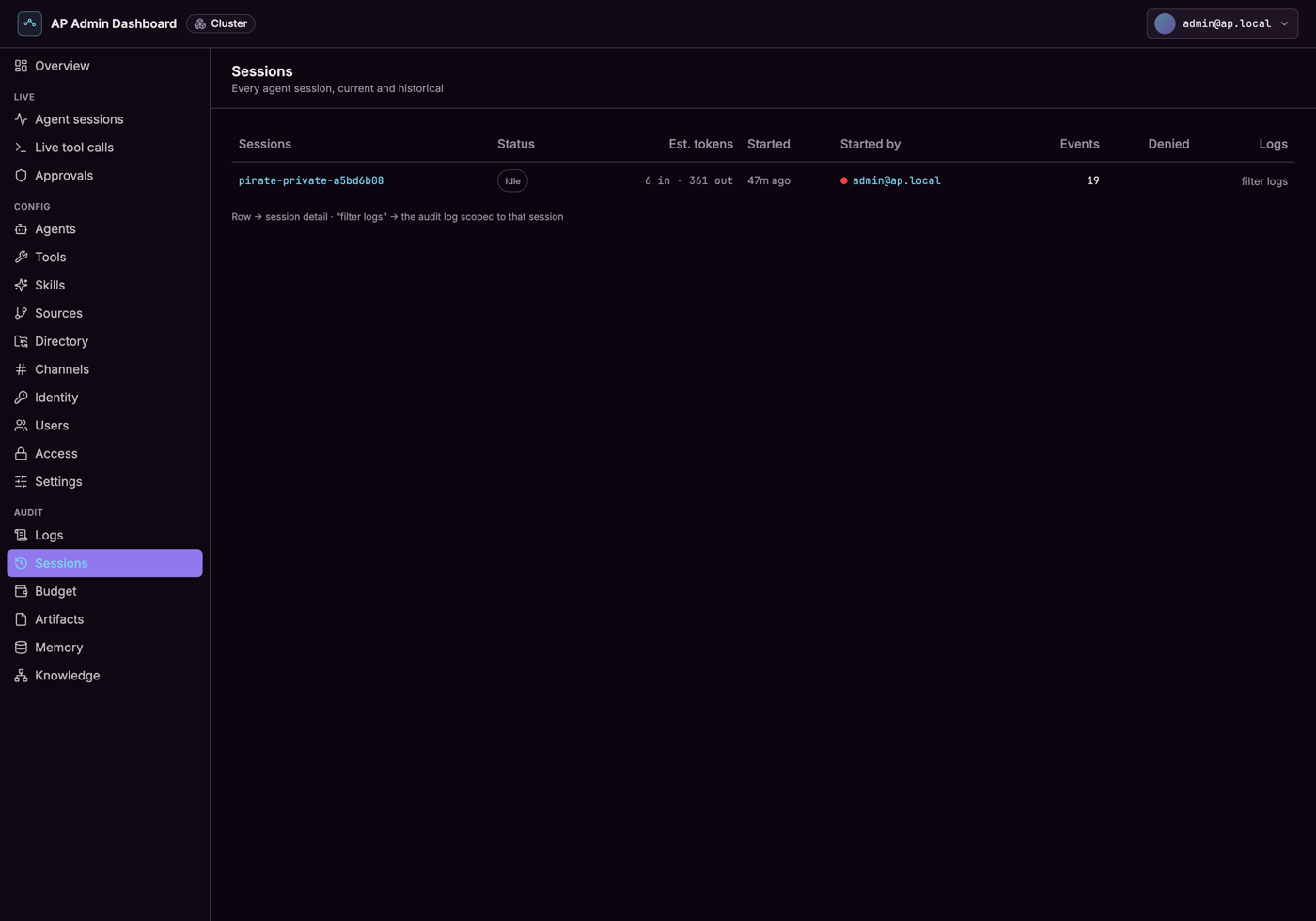 Sessions — every agent session, current and historical, with status and estimated tokens.