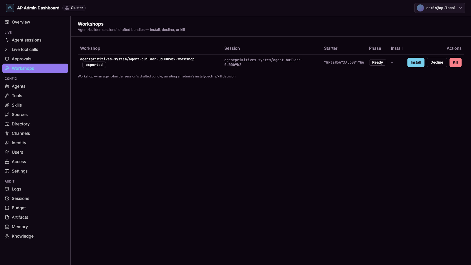 The admin console lists every open workshop — who started it, its phase, and any install request waiting on it.