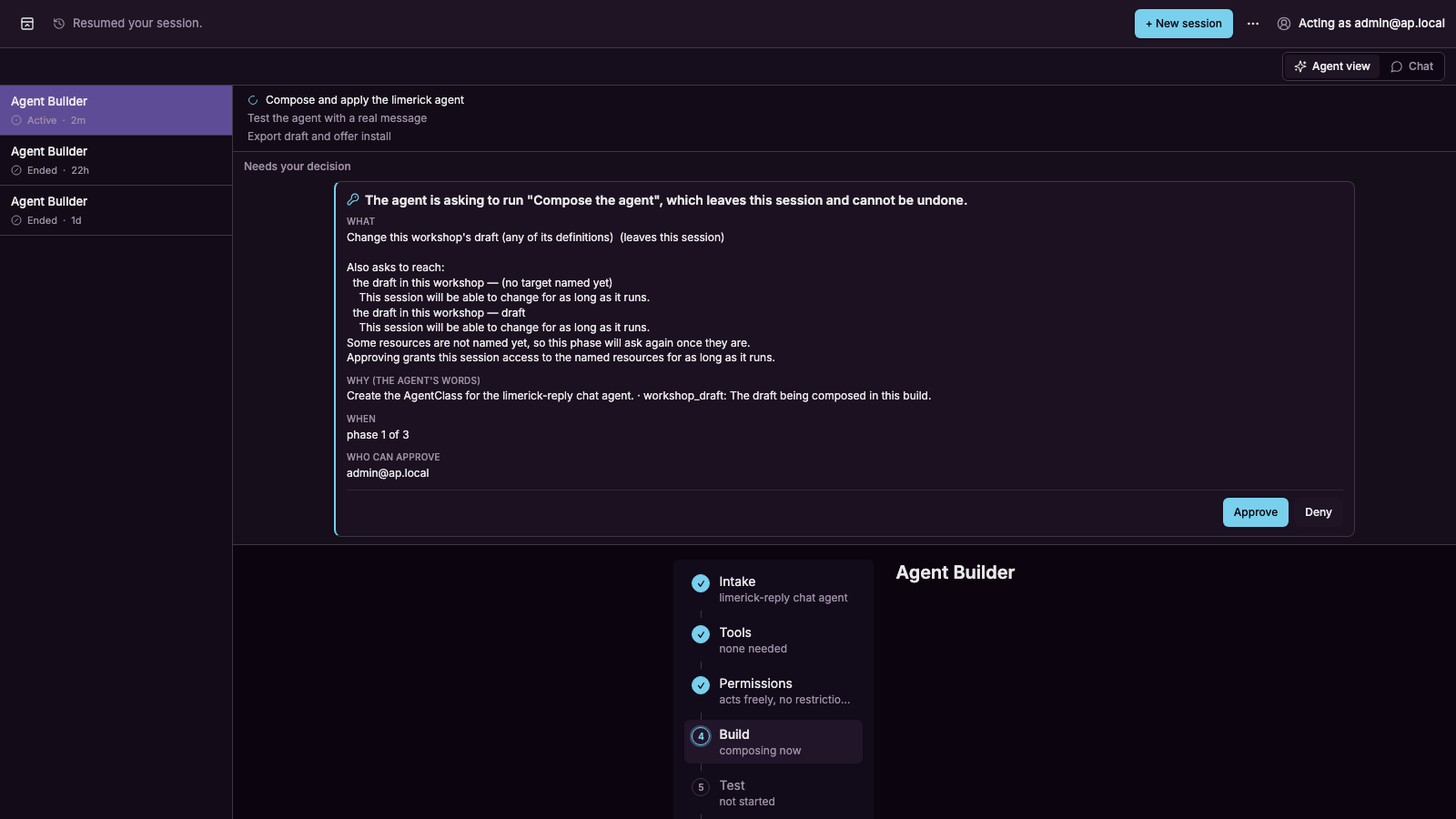 The stage card in the conversation view: approve it once and every change in that stage runs without another card.