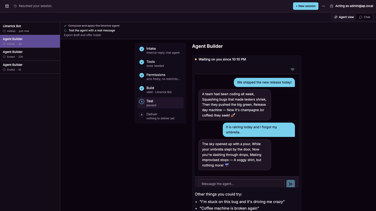 Test: a real session of the new agent embedded on the page, with the builder watching what it does.