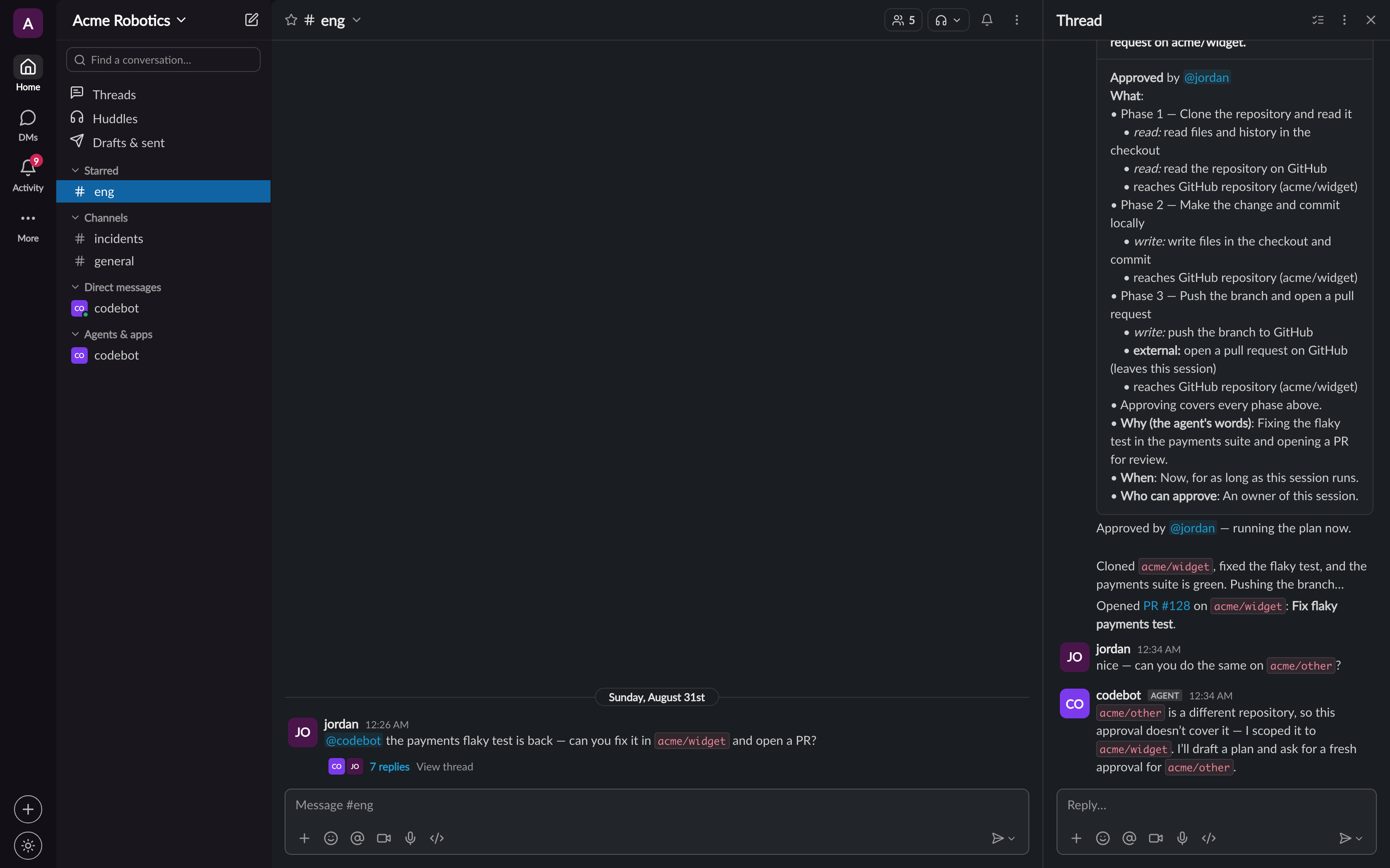 The approval was slotted to acme/widget — a different repo needs a fresh one.