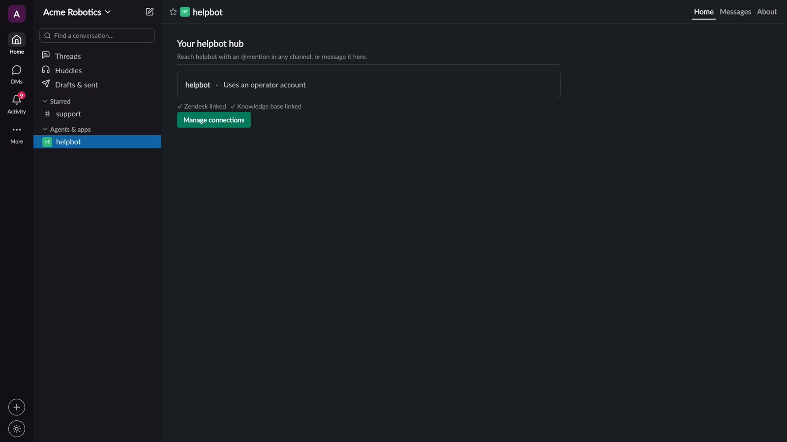 The App Home hub: what the agent is, whose account it acts as, and which services it's connected to.