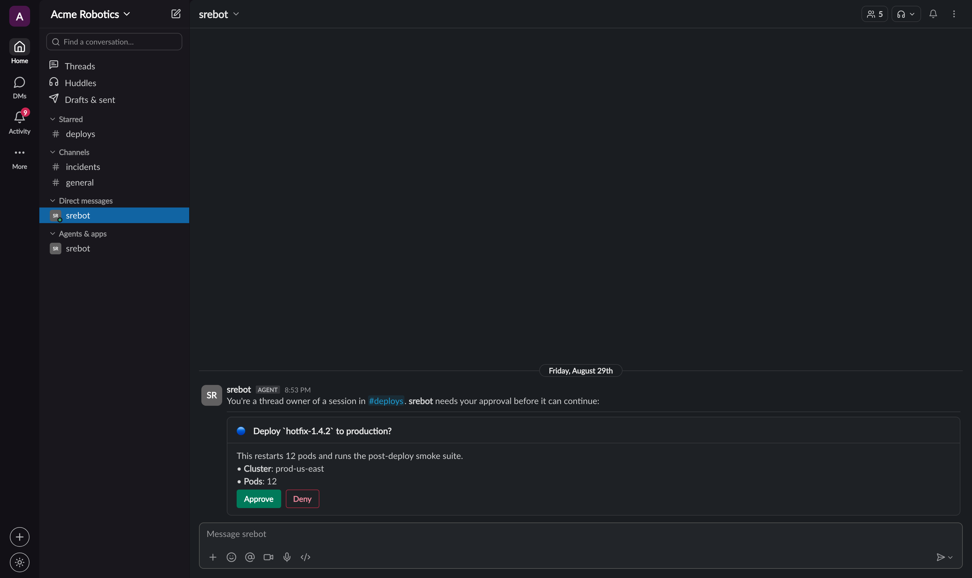 The production-deploy approval, DMed to an owner so they can approve without opening the channel.