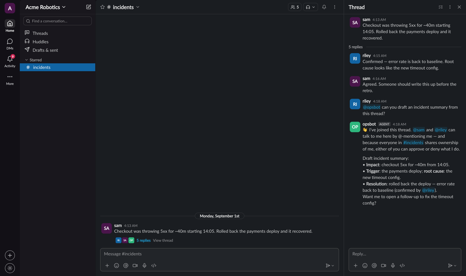 @-mentioned into an existing thread, the bot adopts it — the prior discussion is now its context, and the people in it (sam, riley) are participants who can talk to it and approve what it does.