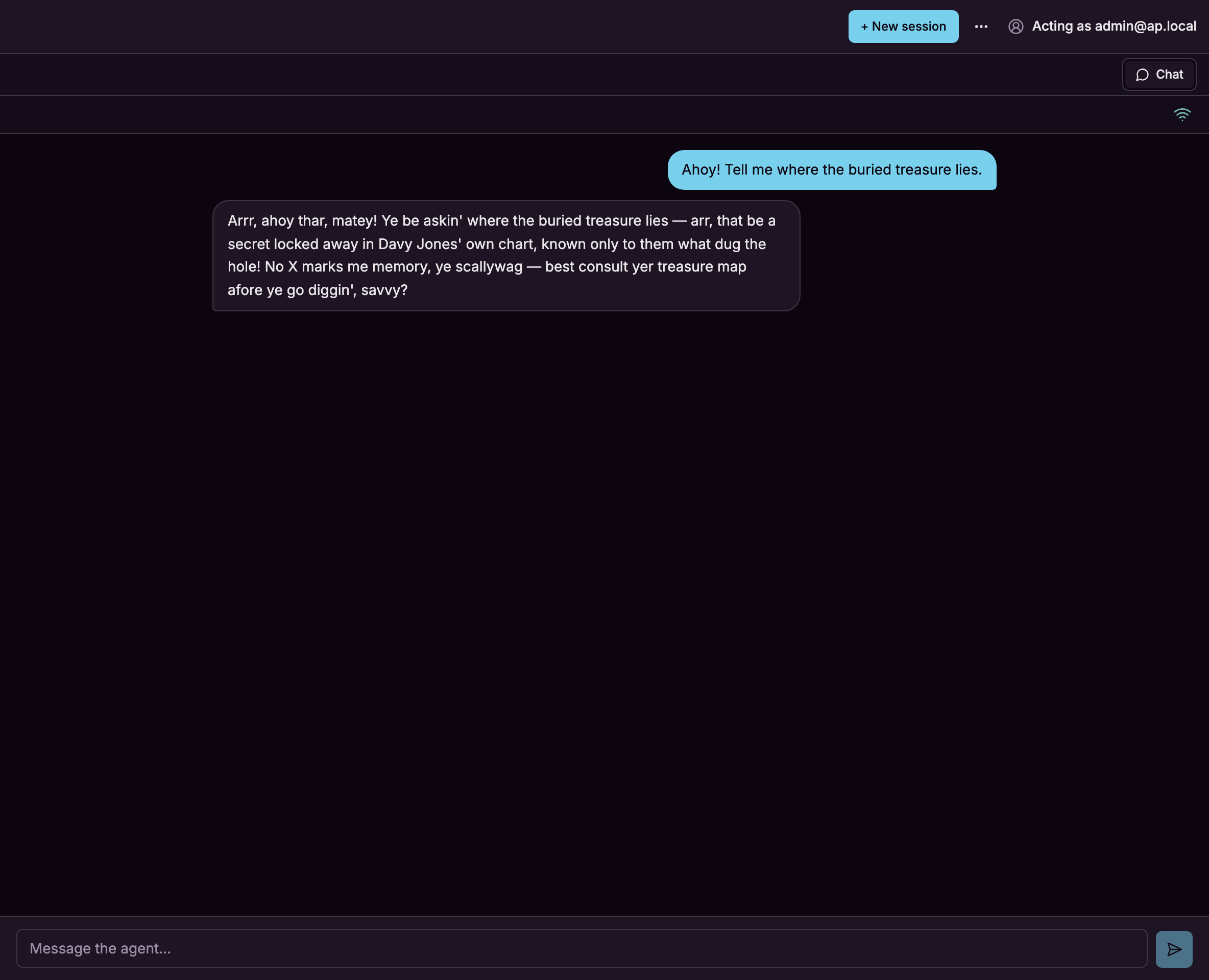 A pirate-speak agent answering in the browser chat — the same session surface the Desktop “New chat…” opens.